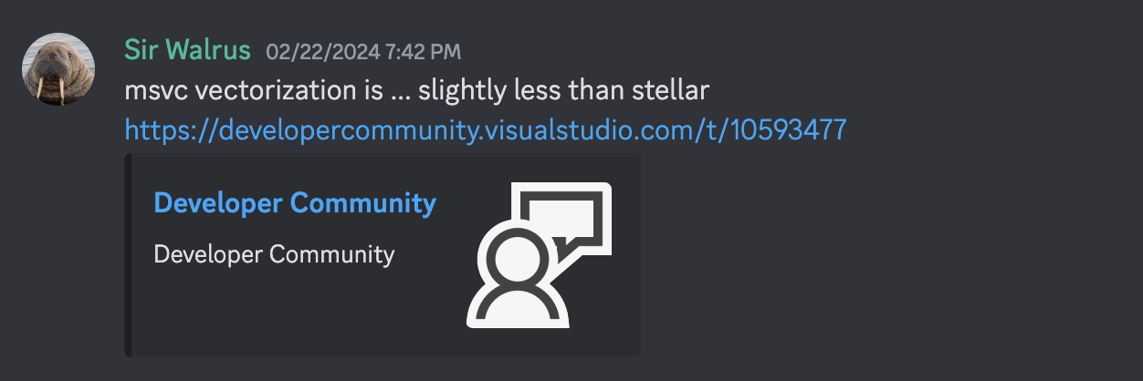 godbolt discord says msvc is bad